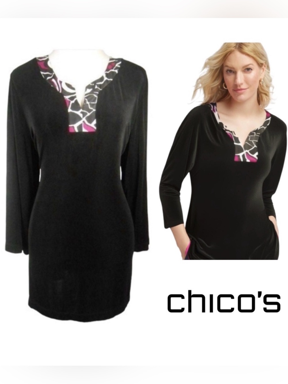 Chico’s Travelers Black Pink Geometric Trim Tunic Top Chico’s 3 XL Stret…